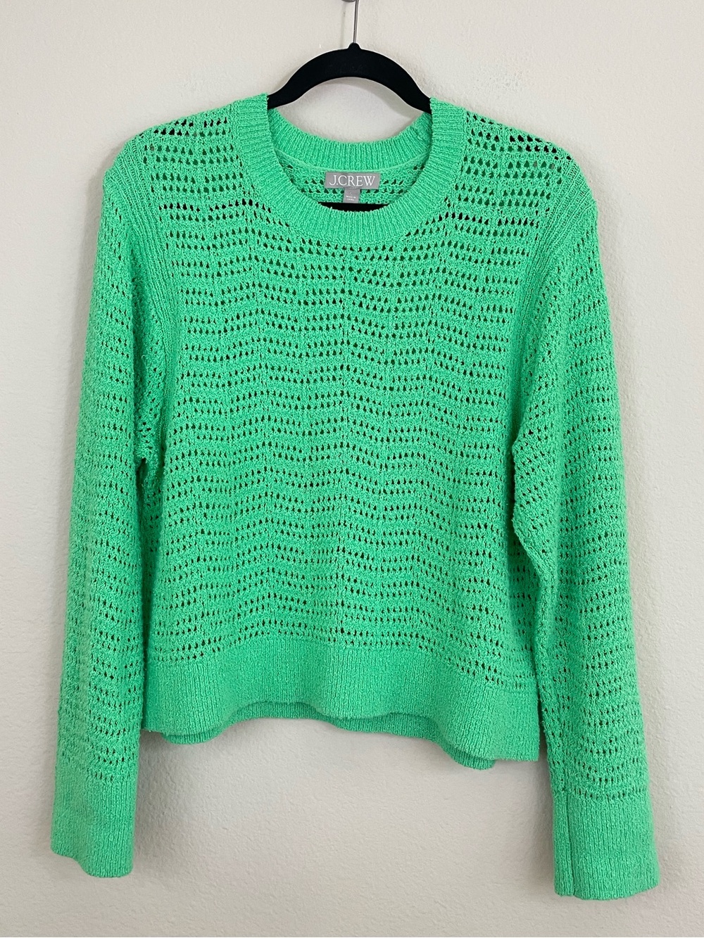 J. Crew Green Pointelle‎ Crewneck Open-Knit Cotton Sweater Size Large